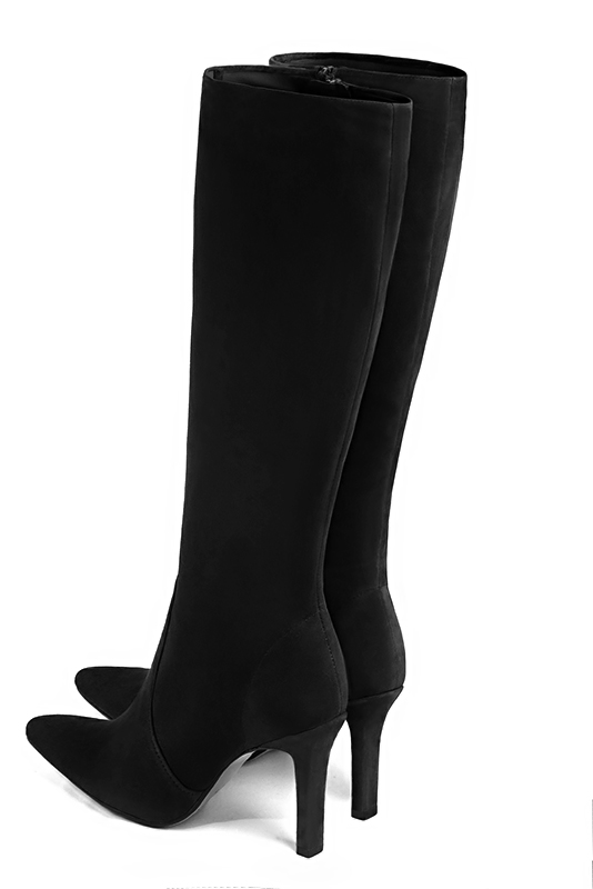 Matt black women's feminine knee-high boots. Tapered toe. Very high slim heel. Made to measure. Rear view - Florence KOOIJMAN